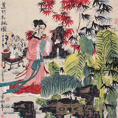 胡宁娜 2002年作 蕉竹红枫图 立轴 45.5×46cm